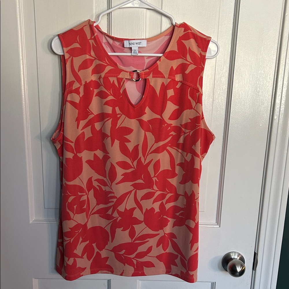 Nine West Coral and Red Leaf Print Blouse